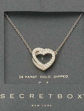 SECRET BOX 14K Gold Dipped CZ Stone Paved Layered Heart Pendant Necklace